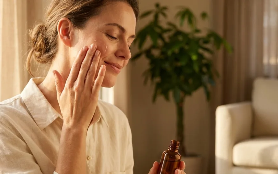 Woman applying skincare to her face